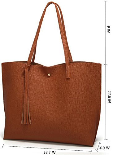 Dreubea Women's Soft Faux Leather Tote Shoulder Bag From, Big Capacity Tassel Handbag Brown #TOP1