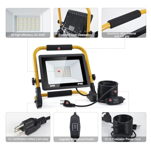 ORHOMELIFE 30W 3000LM LED Work Light, 300W Equivalent 6000K IP66 Waterproof Flood, 13.1ft 4m Cord with Plug, Portable Led Lights for Job Site Car Inspection Workshop Garage, Construction Site