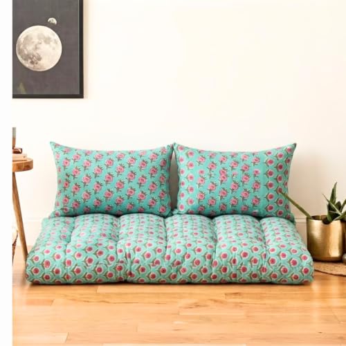 Image of Low Seating Floor Cushion 70 x 152 cm with 2 Back Support Cushions | Thick Quilted Cotton Floor Mattress Pad | Floral Printed Gadda for Sitting, Meditation, Yoga & Living Room Floor Seating