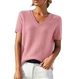 PODOLIXIA Jersey de manga corta para mujer, cuello de pico, de punto, monocolor, manga corta, jersey de punto fino, suave, respetuoso con la piel, para verano, suéter para mujer, Rosa., XL