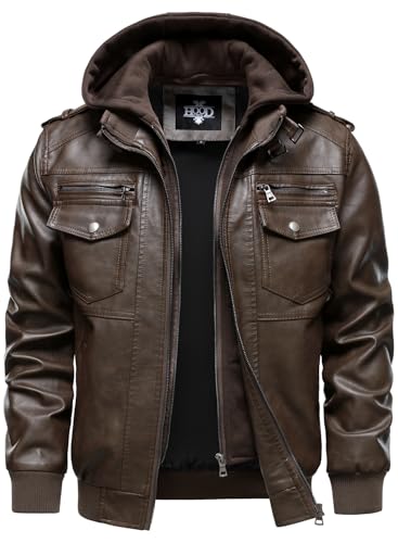 HOOD CREW Men's Faux Leather Hooded Jacket Motorcycle Jackets Water Repellent Windproof PU Moto Vintage Bomber Hoodie Coats Coffee XL