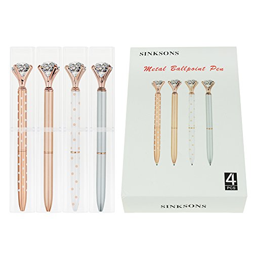 Sinksons 4 Pcs Rose Gold Pen With Big Diamond/Crystal,Metal Ballpoint Pen,Rose Gold White And Silver,School And Office Supplies,Black Ink #TOP5
