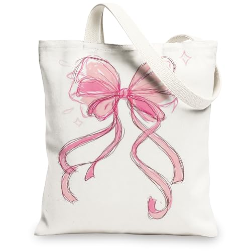 Bow Canvas Tote Bag, Stylish Reusable Shopping Bags, Lightweight Peach Shoulder Strap Bags, Peach, 13x15 Inch