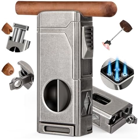 Scotte Cigar Lighter, Torch Lighter 4 Jet Flame, Refillable Butane Lighter with Cigar Cutter V Cut Cigar Punch Cigar Holder Cigar Draw Enhancer, Great Cigar Accessories Cool Lighters with Gift Box Cover