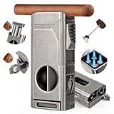 Scotte Cigar Lighter, Torch Lighter 4 Jet Flame, Refillable Butane Lighter with Cigar Cutter V Cut Cigar Punch Cigar Holder Cigar Draw Enhancer, Great Cigar Accessories Cool Lighters with Gift Box