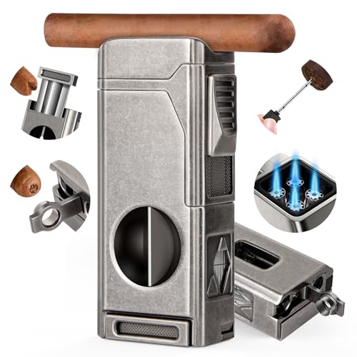 Scotte Cigar Lighter, Torch Lighter 4 Jet Flame, Refillable Butane Lighter with Cigar Cutter V Cut Cigar Punch Cigar Holder Cigar Draw Enhancer, Great Cigar Accessories Cool Lighters with Gift Box