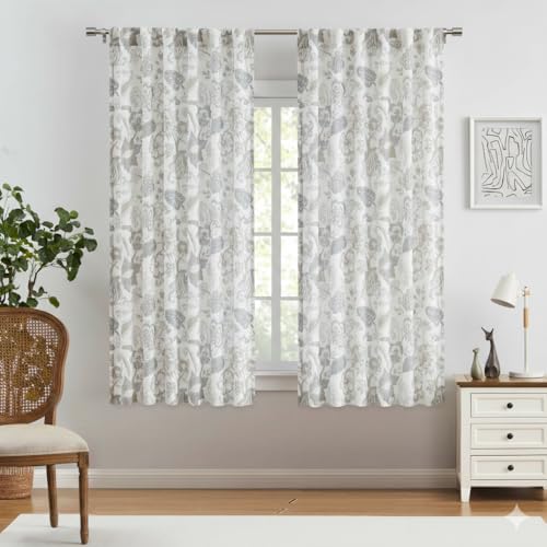 Kayne Studio Botanical Cotton Curtain Panels Linen Grey Floral Leaf