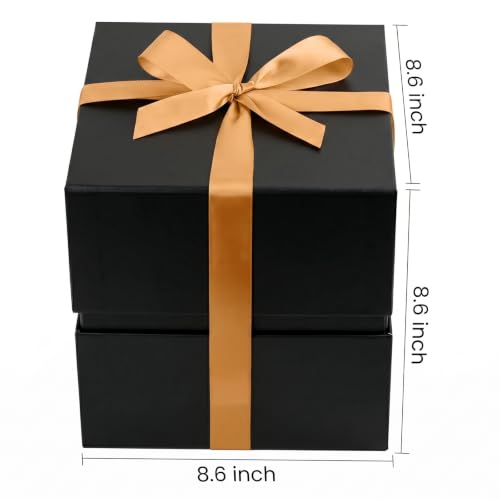 Image of LIFELUM Square Gift Box with Magnetic Lid, Card, Sticker, Ribbon, Shredded Paper Filler for Business, Wedding, Birthdays (Black, square - 8.6 inch, 1 count (Pack of 1))