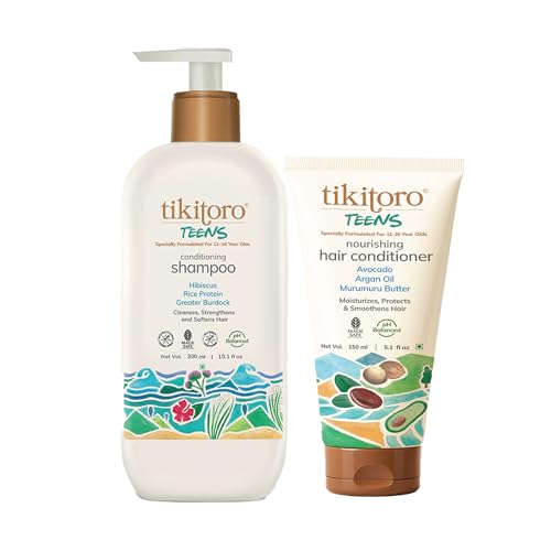 Image of Tikitoro Teens Cleanse & Condition Duo | Nourishing Shampoo & Conditioner Set | Gentle Cleansing, Strengthening & Frizz Control | No Parabens & Sulphates (Age 11+) (300ml x 1 & 150ml x 1)