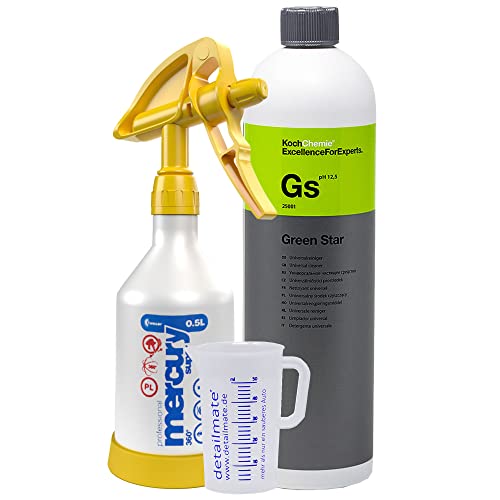 detailmate Reinigungs Set aus Koch Chemie Green Star Universalreiniger 1L Messbecher 50 ml und Mercury Super PRO+ 360 Grad VITON blau Sprühflasche 0,5 Liter gelb