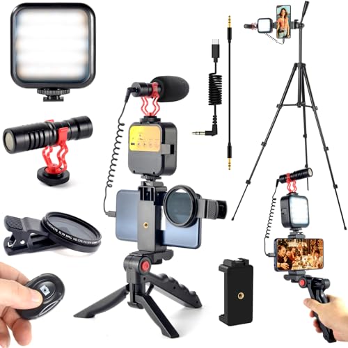 YouTube Starter Kit,Vlogging Kit for iPhone 15 Android Phone,Content Creator Kit for Blogger Vlogging Camera Kit with MicrophoneLED lightCPL lensRemote Control