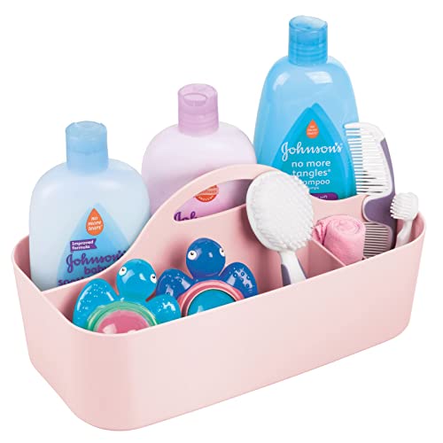 Image of mDesign Plastic Portable Nursery Storage Organizer Caddy Tote - Divided Basket Bin with Handle - Holds Bottles, Spoons, Bibs, Pacifiers, Diapers, Wipes, Baby Lotion - Lumiere Collection - Light Pink