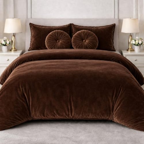 Image of Sands Luxurious 6Pc Bedding Set for Winter, 1 Double Duvet Cover,1 Double Bed bedsheet, 2 Pillow Covers, 2 Round Cushions, Ultra Soft Woollen Bedsheet Set- 90X100 inches (Coffee)