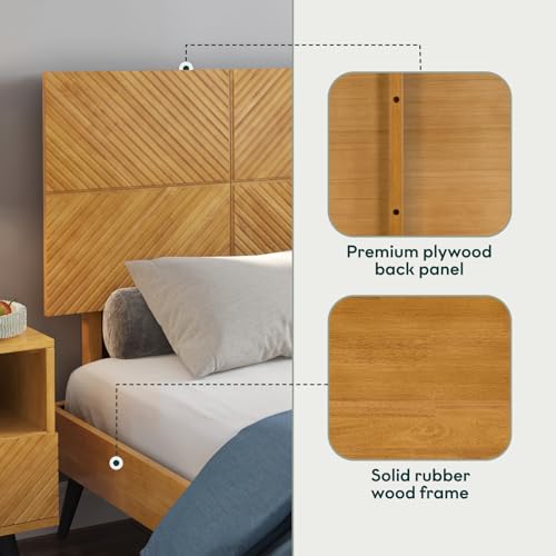 Image of Bme Rhombus King Bed Frame - Solid Rubber Wood with Geometric Rhombus Headboard, Teak Brown Finish, Scandinavian Modern Platform Bed with Sturdy Slats & Metal Legs, No Box Spring Needed