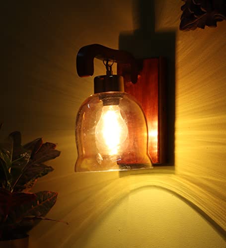 Image of Green House Handmade Sheesham Wood Wall Light /Lamp /U-Downlight Design /Lustre Bell Glass /E27 Bulb Holder(Bulb not Included) /Living Room,Bedroom,Hall /Luxurious /Classic Home Decor Lighting