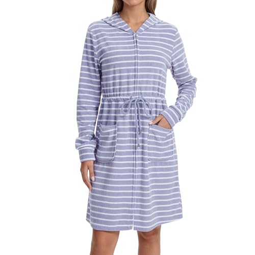 Mnamo Damen Frottee Bademantel Gestreift mit Kapuze Reißverschluss mit Gürtel Weicher Mikrofaser Langarm Morgenmantel Grau-weiß XL