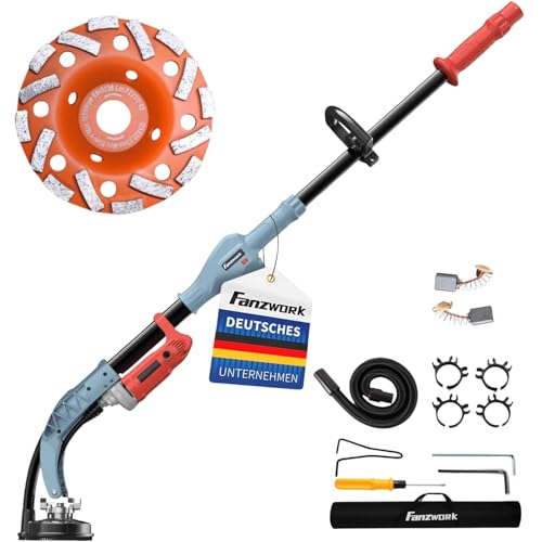 FANZWORK Ponceuse à Béton 1010 W avec tige Télescopique Jusqu’à 1,20 m, Meule Diamant 125 mm et sac de Transport, Vitesse variable, Idéale pour...