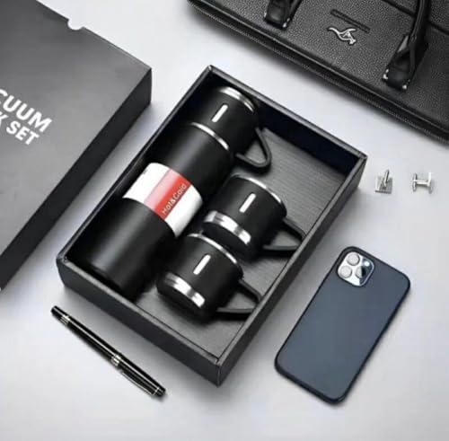 Image of Thermo Flask Vacuum Flask Set, Stainless Steel, 500ml, Insulated Double Wall, Hot and Cold Bottle with 3 Cups
