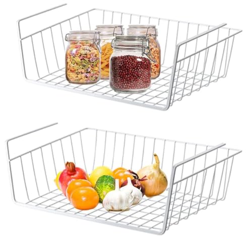 Image of Styleys Under Cabinet Storage Basket - Set of 2 Metal Wire Organizers with Dual Fit Hooks (13.5 inch) S11027A, White