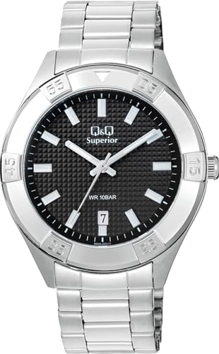 Image of Q&Q Superior Analog Watch for Men - Black Dial, Stainless Steel Strap, Date Display, 10BAR Water Resistant - S20A-001VY