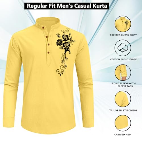 Image of Zombom Men's Cotton Polyester Blend Mandarin Collar Self One Design Printed Full Sleeve Casual Short Kurta