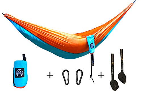 Monkey Swing Hängematte inkl. Aufhängeset I 275 x 140 cm I für Outdoor, Travel, Trekking & Camping, Reise, Garten, Strand (Blau/Orange)