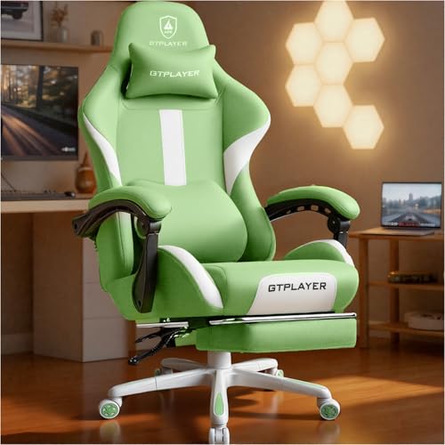 GTPLAYER Gaming Chair, Fabric Computer Chair, 3D Adjustable Armrests, High Back Ergonomic Reclining Swivel Chair with Premium Breathable Cloth Cushion and Headrest&Lumbar Support，Green
