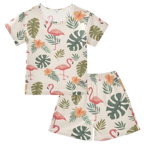 ALAZA Tropical Flamingo Hawaiian Palm Leaves Pajamas Short Sleeve 2 Piece Sleepwear Top and Bottom Pajama Set Unisex
