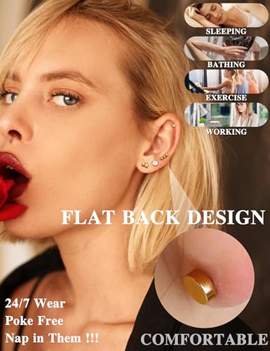 LOLIAS Small Hypoallergenic Flat Back Stud Earrings for Women Men 14K Gold Plated Surgical Stainless Steel Earring Sets Tiny Screw Back Cartilage Earrings for Sensitive Ears4