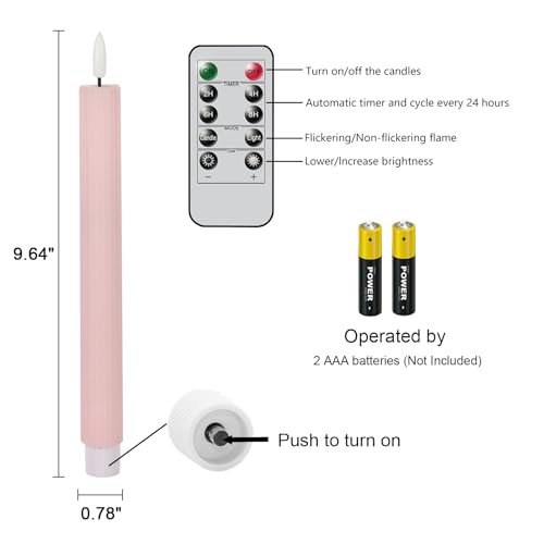 Image of Pink Flameless Flickering Taper Candles Battery Operated with 10-Key Remote and Timer 6 Pack 3D Wick Vertical Stripe Real Wax LED Taper Candles Spring Dinner Holiday Decor(0.78 inch D x 9.64 inch H)