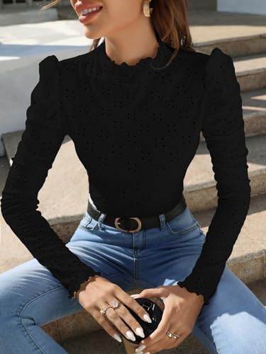 Image of Sugathari Girl's & Women's Spring /Summer Slim Fit High Neck T-Shirt with Stand Collar, Cap Sleeves and Eyelet Embroidery Frill Trim Tee Textured Sheer Fabric (T-Shirts 194 $P)