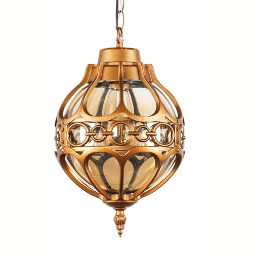 Gold Globe Outdoor Pendant Lights for Porch Entryway Hallway, Vintage Exterior Aluminum Waterproof Hanging Light Fixtures, Outside Ceiling Hanging Lamp with Round Amber Glass