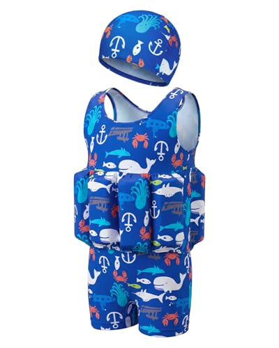 Image of DivingBirds Toddler Floatie Swimsuit with Hat for Boys Girls, Sleeveless Swim Suit with Floatation, 1-6Y