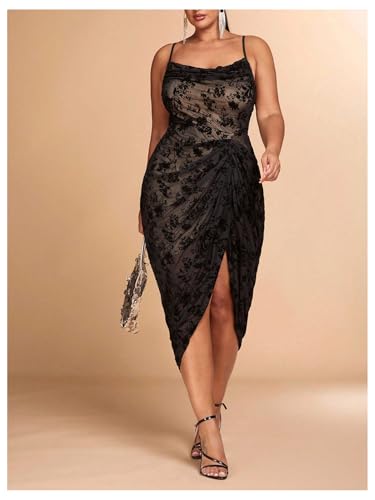 Image of WDIRARA Women's Plus Size Tie Dye Bodycon Long Dress Cowl Neck Sleeveless Ruched Split Cami Dresses