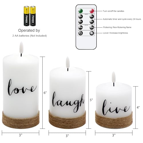 Image of Battery Operated Flameless Flickering Candles with Remote Timer, LED Real Wax Pillar Candlesticks with Realistic 3D Wick, Set of 3 Live Laugh Love Home Decor(D3xH4 5 inch 6 inch)