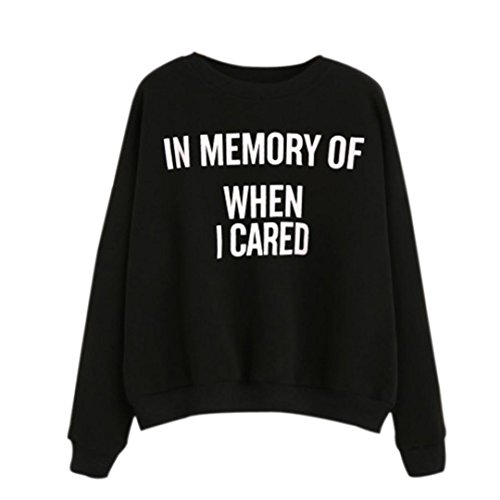 "IN MEMORY WHEN I CARED"Pullover TOPS,Women Round Neck Long Sleeve Casual Sweatshirt (S, Black)