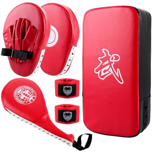 Pao boxe rouge pour s'entraîner au taekwondo avec bouclier de frappe et pattes d'ours de boxe