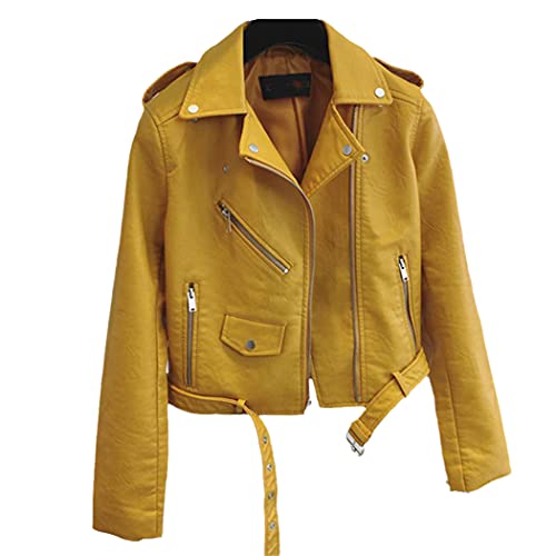 LIOPJH Chaqueta de cuero de la PU de las mujeres, abrigos negros de la motocicleta del color brillante, abrigo suave del motorista del cuero sintético, amarillo, XXL