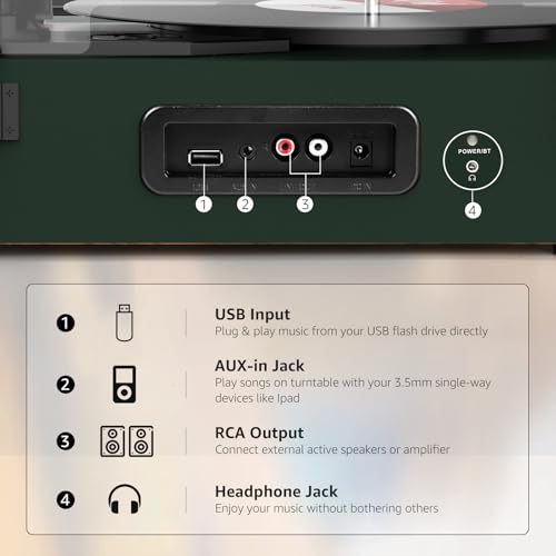 Image of Vinyl Record Player with Built-in Speakers and USB,Belt-Driven Bluetooth Turntable with 3 Speed AUX Input Headphone Jack and RCA Output Vintage Wooden DarkGreen