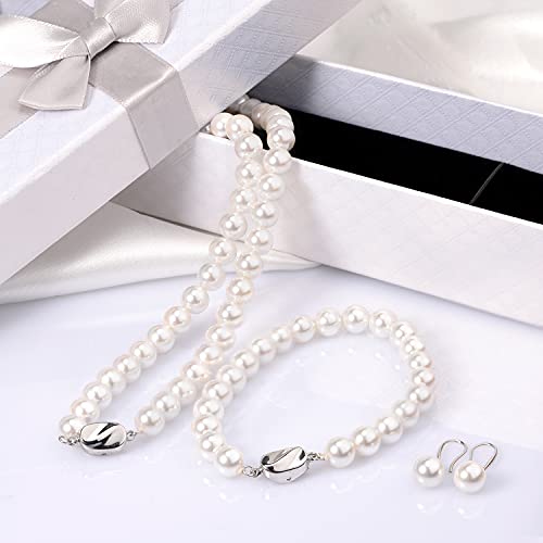Aoovoo Pearl Necklace Set For Women Girls, 8Mm Round Shell Pearl Includes Stunning Bracelet And Dangle Earrings 3 Piece Jewelry, Birthday Valentines Day Gift For Mom Wife Sister Best Friend, Gift Box #TOP5