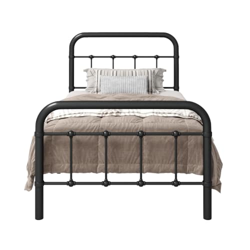 Image of Allewie Twin Size Metal Platform Bed Frame with Victorian Style Wrought Iron-Art Headboard /Footboard, No Box Spring Required, Black