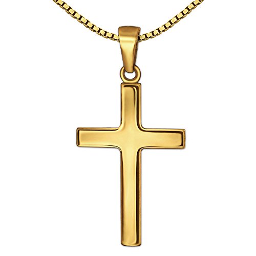 CLEVER SCHMUCK Parure de bijoux avec petit pendentif croix sobre et brillant en or 375 9 carats avec chaîne gourmette plaquée or de 42 cm Cover