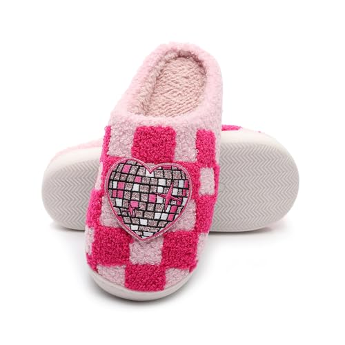 Heart Pattern House Slippers for Women Warm Faux Fur Classic Plaid Slippers Anti-skid Indoor Outdoor Checkered Shoes with Memory Foam4