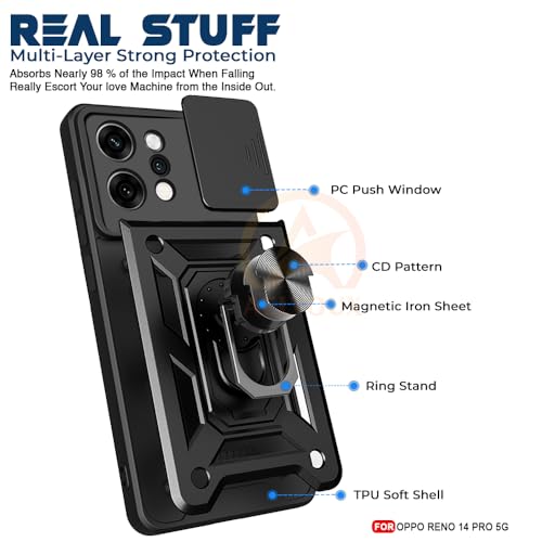 Image of Armor Bumper Back Cover Case for Oppo Reno 14 Pro 5G Rotating Camera Cover, Ring Holder & Kickstand | Heavy Duty & 360 Degree Protection Oppo Reno 14 Pro 5G Back Cover (Black)