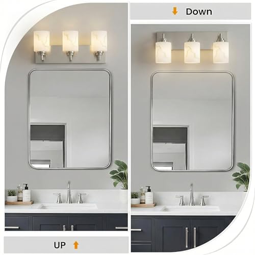 Image of 3-Light Bathroom Light Fixture, Brushed Nickel Modern Vanity Light with White Marble Glass Shade, for Bathroom Mirror, Living Room, Bedroom, Hallway, E26 Base, Extended Base