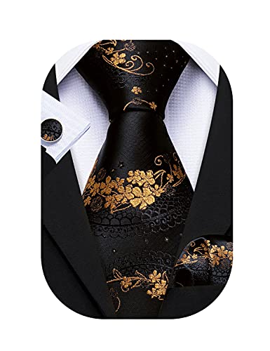Image of Barry.Wang Flower Ties for Men Handkerchief Cufflinks Set Wedding Necktie Set Party