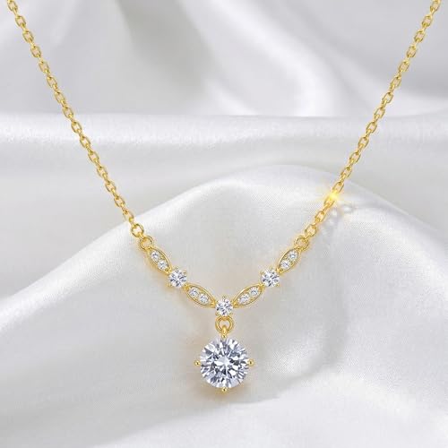 Image of gold plated diamond pendant necklace for women girls | stylish dainty drop chain necklace | anti tarnish minimalist daily jewelry | elegant aesthetic gift for wife, girlfriend, mother, sister