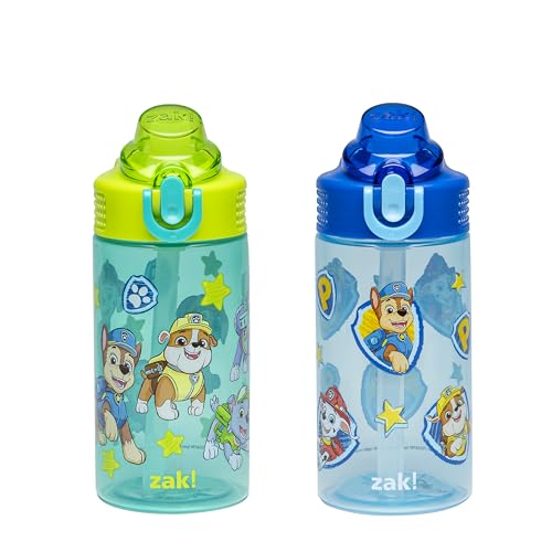 Zak Designs PAW Patrol Sage Kids Water Bottle For School or Travel 16oz Durable Plastic Water Bottle With Straw Handle and Leak-Proof Pop-Up Spout Cover 2-Pack Set Chase & Friends