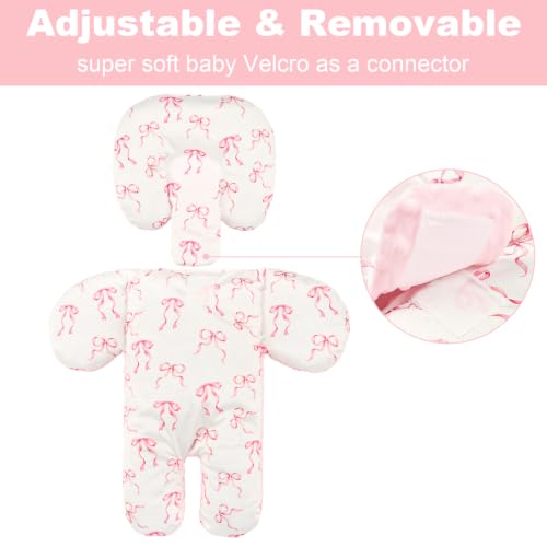 Image of Infant Car Seat Insert for Newborn Girls, Extra Thick & Soft Minky Preemie Car Seat Head Body Support Cushion with Strap Pads, Perfect for Stroller, Baby Swing, Bouncer, 2-in-1 Reversible, Pink Bow