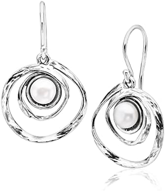925 Sterling Silver Dangle Drop Earrings With Fresh Water Pearl, Coil Spiral Swirl Antique finish Lever Back, Hypoallergenic, Nickel and Lead-free, Artisan Handcrafted Designer collection, Made In Israel